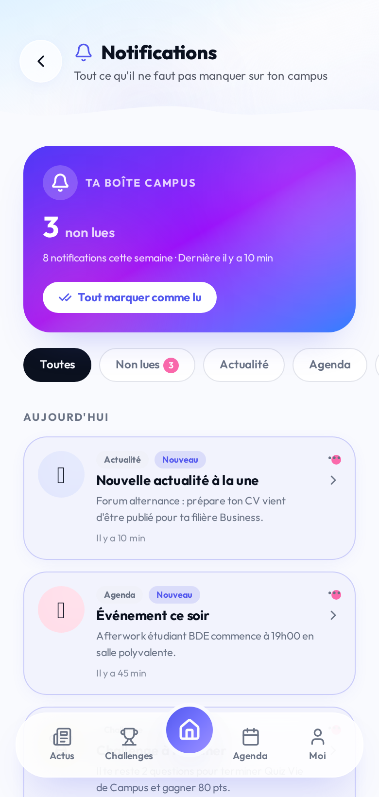 Notifications de l'application étudiante