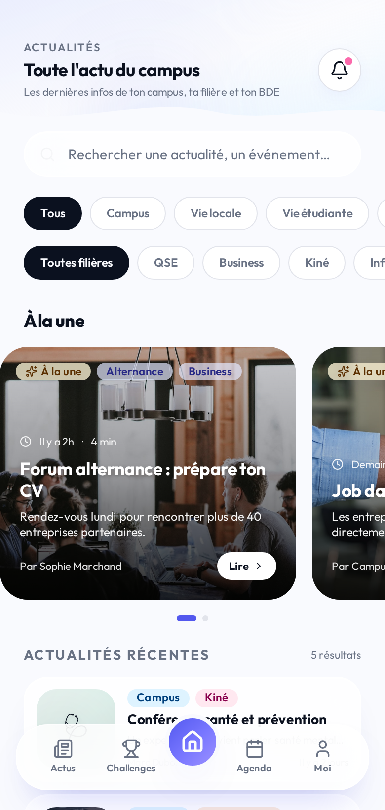 Fil d'actualités campus dans l'application étudiante